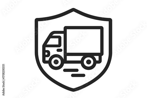 Truck insurance shield icon for secure logistics. Concept for cargo safety, delivery protection, and transport guarantee. Vector line symbol for web and graphic design.