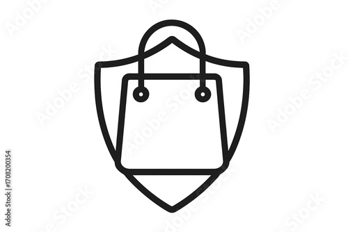 Secure shopping vector icon. Buyer protection shield and bag symbol. Safe online purchase, e-commerce guarantee, and consumer rights concept for web and apps. Line art.