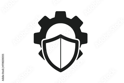 Shield and gear icon for security settings. Data protection and privacy symbol. System configuration sign. Industrial safety and technology vector logo for web, apps and IT.