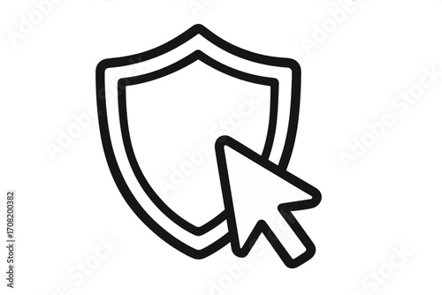 Shield with cursor icon for web security and data protection. Concept for online safety, internet privacy, antivirus guard and cybersecurity. Click on secure symbol. Vector.