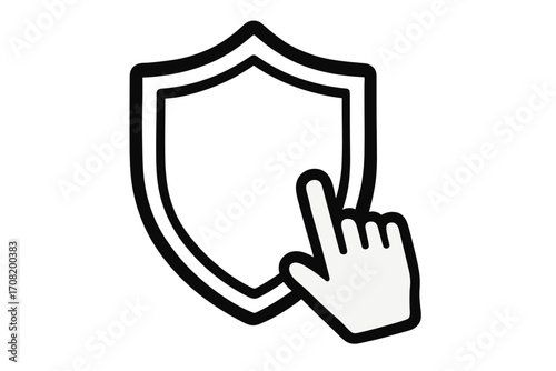 Shield and hand cursor icon for web security. Data protection, privacy policy concept. Click for safety button. Secure internet choice. Antivirus software pictogram.