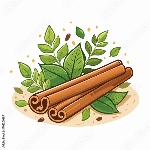 Cinnamon Sticks with Green Leaves and Spices