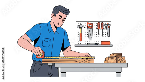 Craftsman at Work: A skilled craftsman precisely measures a wooden plank on a workbench, meticulously preparing for a woodworking project with tools neatly arranged.