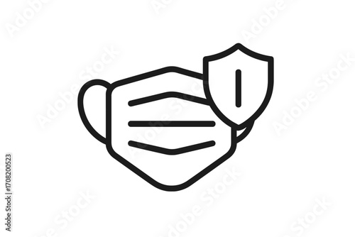 Medical face mask with protection shield icon. Concept of health safety, virus prevention, pandemic, covid. Line art vector symbol for web, graphic design, healthcare.