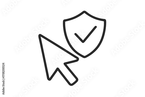 Cursor arrow pointer and shield with checkmark icon. Concept for safe click, trusted website, and secure browsing. Data protection, internet privacy, and cybersecurity symbol.