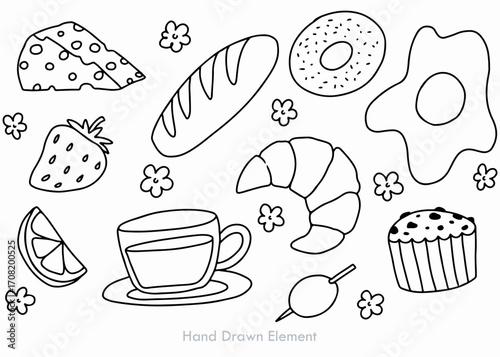 Hand-drawn illustration of various breakfast foods, including cheese, bread, pastries, eggs, and fruit.