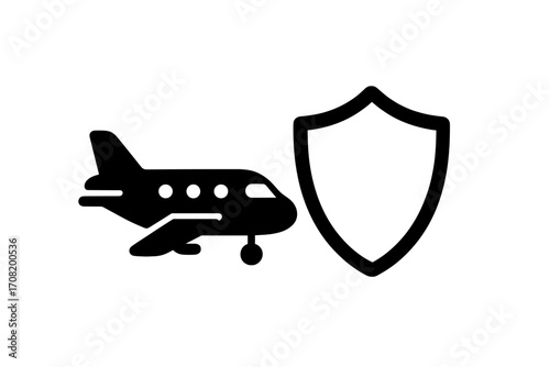 Travel insurance concept vector icon. Flight protection and safety symbol with airplane and shield. Aviation security, passenger guarantee for trip and tourism illustration.