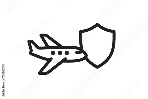 Travel insurance concept. Flight protection and safety symbol. Airplane and shield icon for secure journey and trip guarantee. Aviation security vector illustration for web.