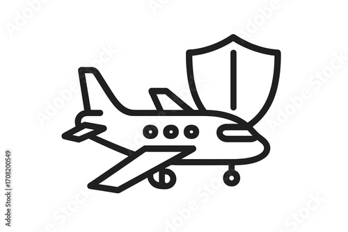 Travel insurance concept. Flight protection and safety. Airline security guarantee. Airplane with shield icon. Vector symbol for safe journey, tourism, and transportation.