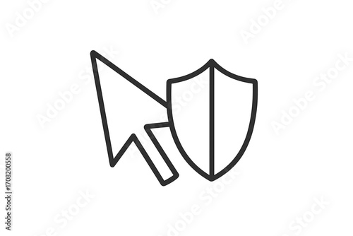Cursor and shield icon. Secure click concept for internet safety and cybersecurity. Data protection and antivirus symbol. Thin line vector for web, app, and UI design.