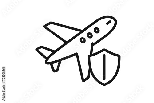 Travel insurance concept. Flight protection and safety symbol. Airplane with shield icon for secure journey and tourism. Aviation coverage and air transport guarantee vector.