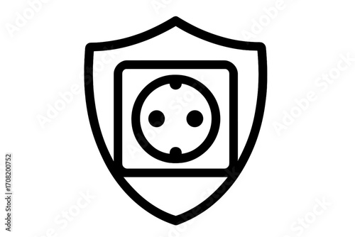 Electrical safety shield with power socket. Concept of childproof outlets, electricity protection, voltage guard. Vector linear icon for security, tech and safe energy.