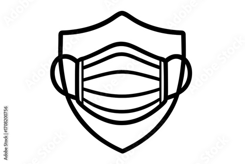Medical mask with shield line icon. Metaphor for protection, safety, health care. Immune system defense against virus, infection, disease. Pandemic prevention symbol. Vector.