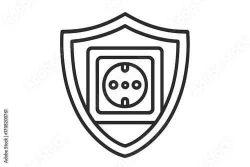 Child safety electrical socket protection shield icon. Power outlet safety concept. Secure electricity linear symbol. Vector illustration. Energy safe, voltage guard pictogram.