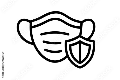 Medical mask with shield protection icon. Vector outline symbol for health safety, virus and bacteria defense. Concept for disease prevention, pandemic, hygiene and healthcare.