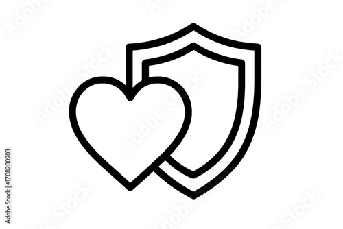 Heart and shield icon. Health protection and safety concept. Medical insurance logo. Cardiology care symbol. Secure love and life guard sign. Outline vector illustration.