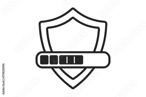 Security shield with loading bar icon. Antivirus software update or system installation in progress. Data protection, safety check, download, firewall. Vector outline symbol.