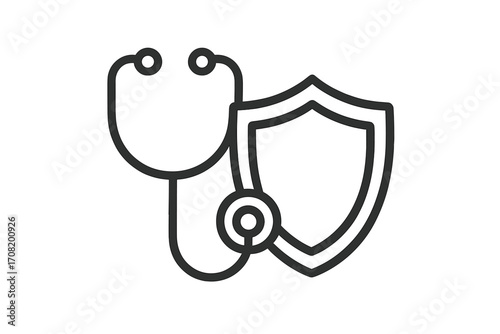 Health insurance icon. Medical protection symbol with stethoscope and shield. Healthcare safety and security concept. Doctor checkup, diagnosis, and clinic pictogram for web.