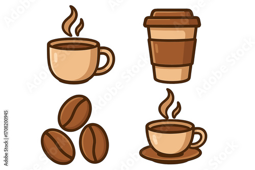 Coffee icon set vector cartoon illustration. Collection of isolated graphic elements for cafe menu, apps, web. Hot drink, coffee bean, paper cup, mug with steam symbols.