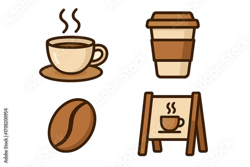 Vector coffee icon collection. Isolated set with hot cup, takeaway paper cup, roasted bean and coffee shop sign. Flat cartoon graphic for cafe, menu, beverage concept.