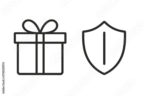 Secure shopping and purchase protection concept. Gift box with shield icon. Metaphor for warranty, guarantee, and safe delivery. Vector line art for e-commerce and apps.