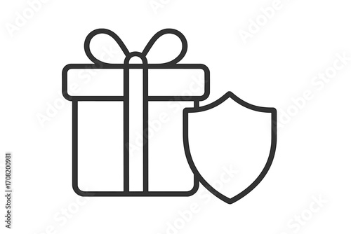 Secure gift concept with shield. Safe shopping and purchase protection icon. Warranty, guarantee, and insurance symbol for e-commerce. Consumer rights and safety line art.