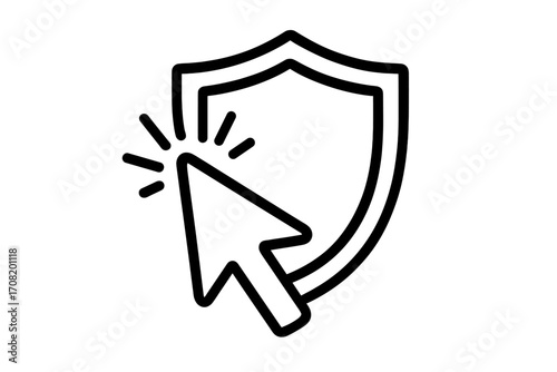 Click on shield security icon for web safety and data protection. Antivirus software, firewall, and cybersecurity concept. Secure internet access. Vector line illustration.