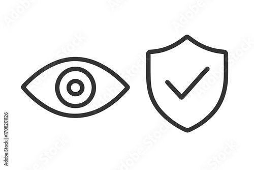 Eye and shield with checkmark thin line icon. Concept of vision security, data protection, privacy guard, safe browsing. Verified surveillance and observation symbol. Vector.