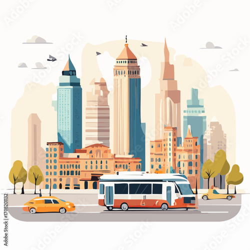 Cityscape Illustration with Modern Buildings and Public Transportation