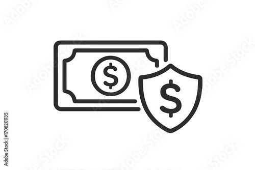 Money protection icon. Financial security. Secure payment concept. Banknote and shield. Investment insurance sign. Safe transaction. Financial stability metaphor. Wealth guard.