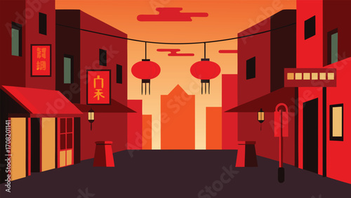 Vibrant red chinatown street scene with lanterns vector illustration scalable eps