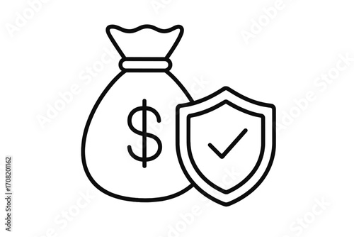 Financial security and money protection concept. Secure payment, investment guarantee, and insurance symbol. Dollar money bag with shield and check mark vector line icon.