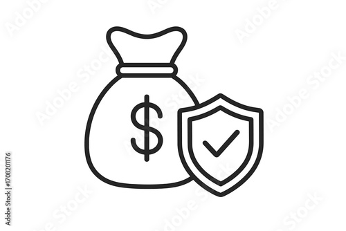 Money protection icon. Financial security and insurance concept. Secure payment symbol. Safe investment and savings guarantee. Wealth protection vector. Dollar bag with shield.