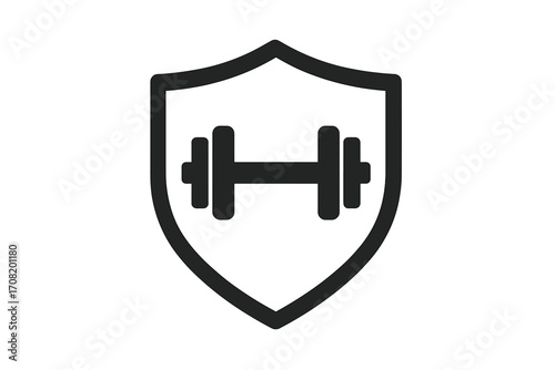 Fitness protection shield icon with dumbbell. Gym safety and workout security concept. Strength training and bodybuilding defense symbol. Vector logo for health and sport.