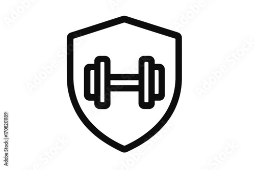 Fitness protection shield icon with dumbbell. Concept of safe workout, strength training, gym security, physical health defense and bodybuilding. Vector line art illustration.