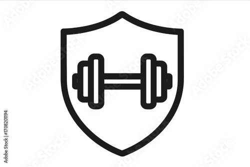 Dumbbell shield icon for fitness protection. Gym security logo. Strength training symbol. Workout safety emblem. Powerlifting power guard concept. Bodybuilding defense vector.