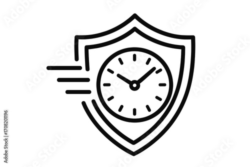 Time protection shield icon. Fast clock logo for security and speed. Time management concept. Deadline, efficiency, quick service, and warranty or guarantee vector symbol.
