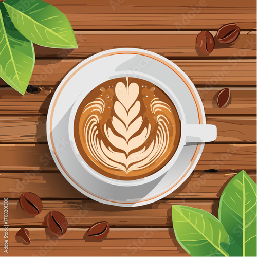 Overhead View of Latte Art in Coffee Cup on Wooden Table