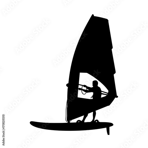 Windsurfer silhouette on a board with sail isolated on white background