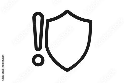 Security alert warning shield icon concept. Important notice about danger, risk, or system error. Attention symbol for privacy vulnerability, protection problem or caution.