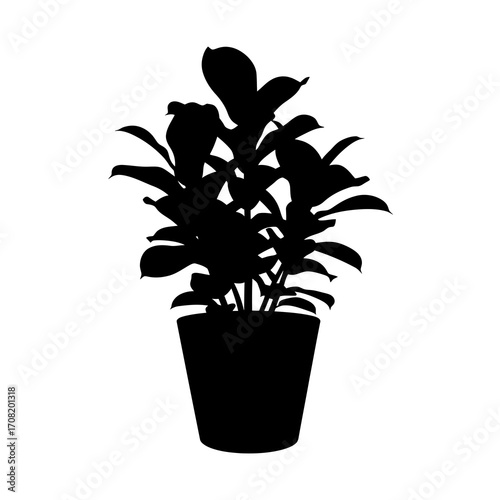 Silhouette of a potted houseplant isolated on white background