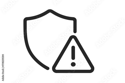Security warning icon with shield and exclamation mark. Metaphor for system risk, vulnerability, or data protection error. Vector symbol for alert, danger, or privacy problem.