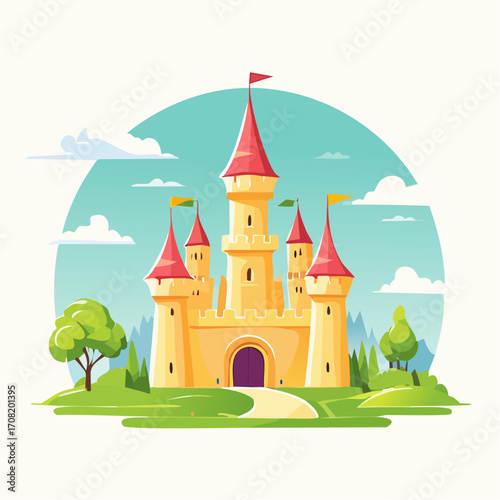 Fairytale Castle Illustration: Yellow Stone Structure with Red Roofs, Green Hills, and Blue Sky