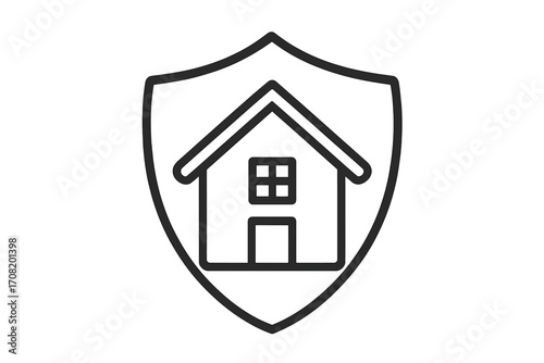 House protection icon with home in shield. Metaphor for real estate safety, property insurance, and security system. Vector linear graphic for web, app, and logo design.