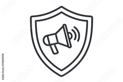 PR crisis management icon. Brand reputation protection. Shield with megaphone symbol. Marketing communication safety. Freedom of speech, public relations security vector.