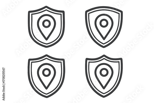 Set of shield and map pin vector icons. A concept for a safe location, secure place, or protected address. Outline symbol for privacy, security, and trust for web and apps.