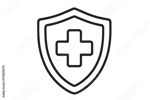 Medical shield with cross icon. Health protection, safety, and insurance concept. Healthcare security symbol. Vector line art logo for medicine, hospital, pharmacy. Immunity guard.