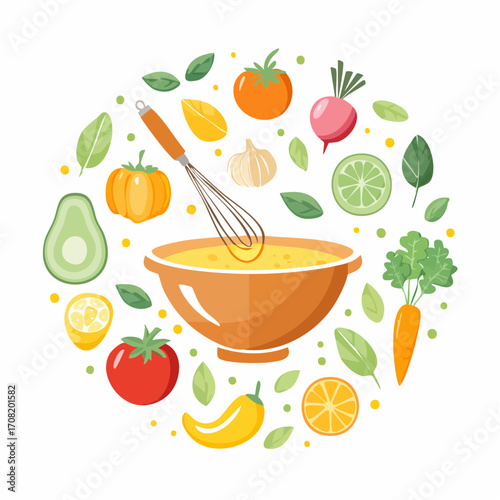 Vibrant Vegetables and Whisk in Orange Bowl