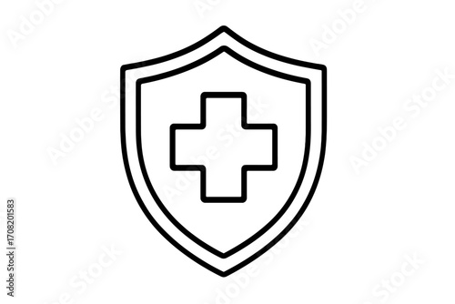Medical shield with cross icon. Health protection, safety, and insurance concept. Healthcare security and immunity symbol. Vector line art logo for hospital or pharmacy.
