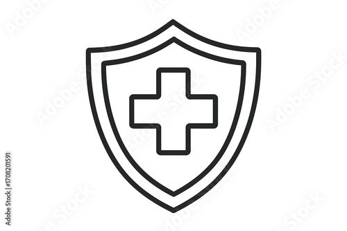 Medical shield with cross for health protection. Healthcare insurance security concept. Safety, pharmacy or hospital logo. Medicine guard symbol for immune system defense.